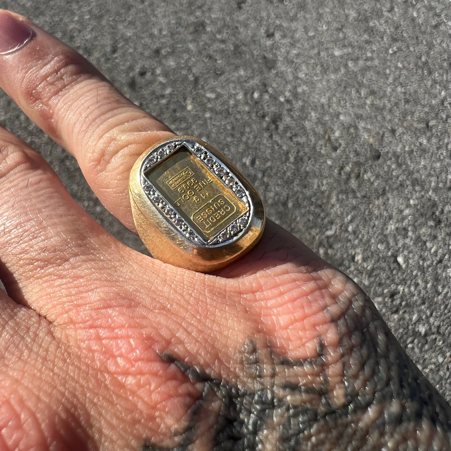 Vintage 24 Karat Gold Credit Suisse Bar and 14 Karat Yellow Gold Diamond Signet Ring