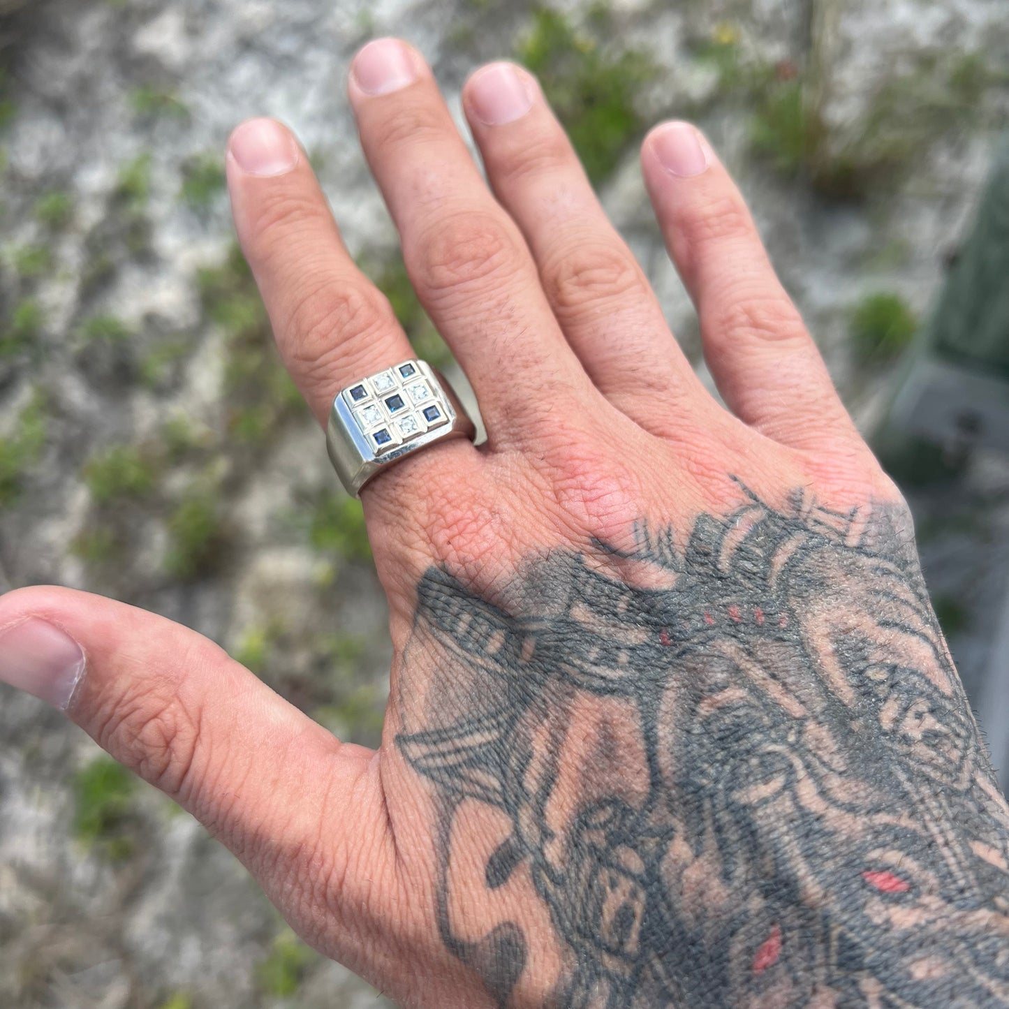 Vintage 14k White Gold .50CTW Natural Diamond And Blue Sapphire Block Ring