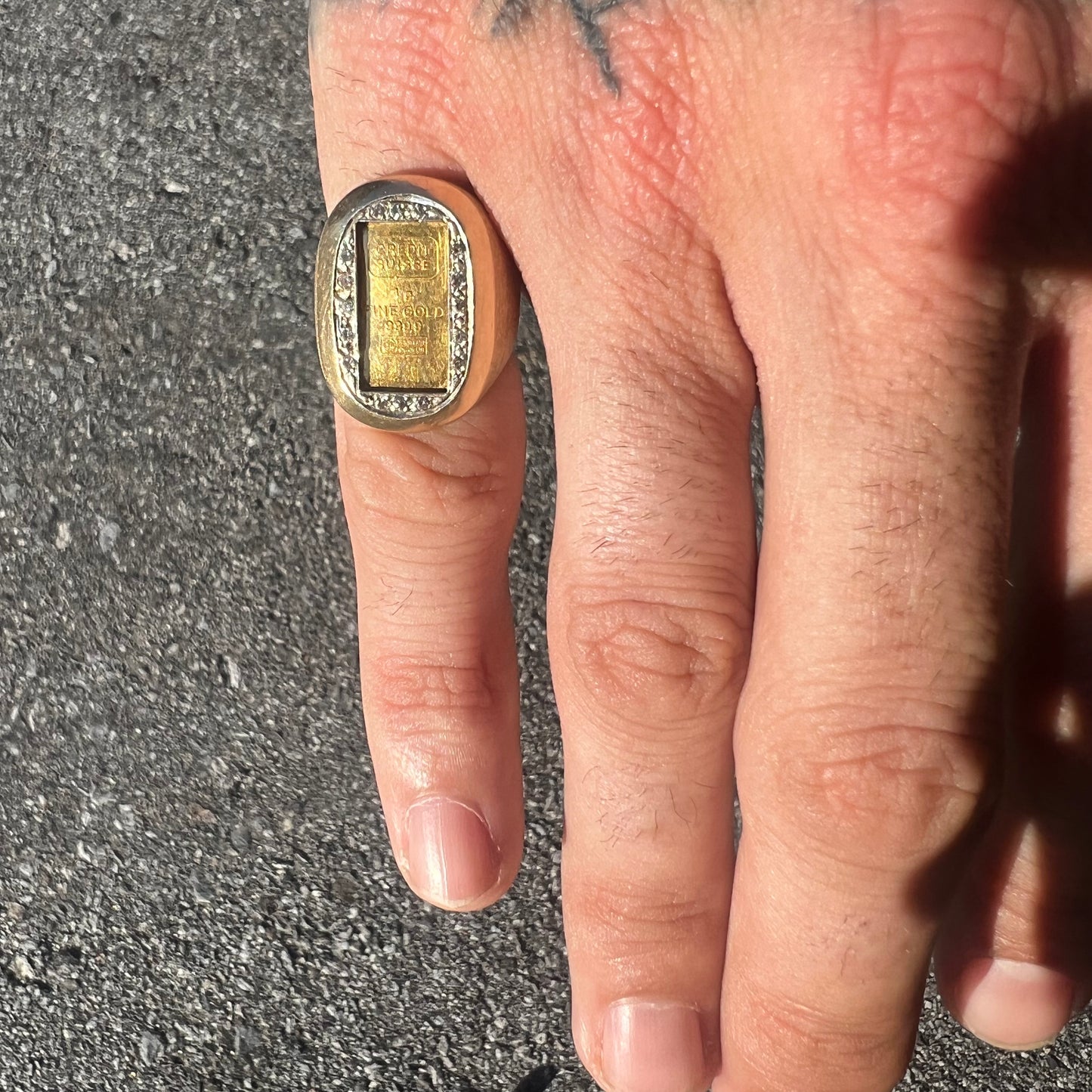 Vintage 24 Karat Gold Credit Suisse Bar and 14 Karat Yellow Gold Diamond Signet Ring
