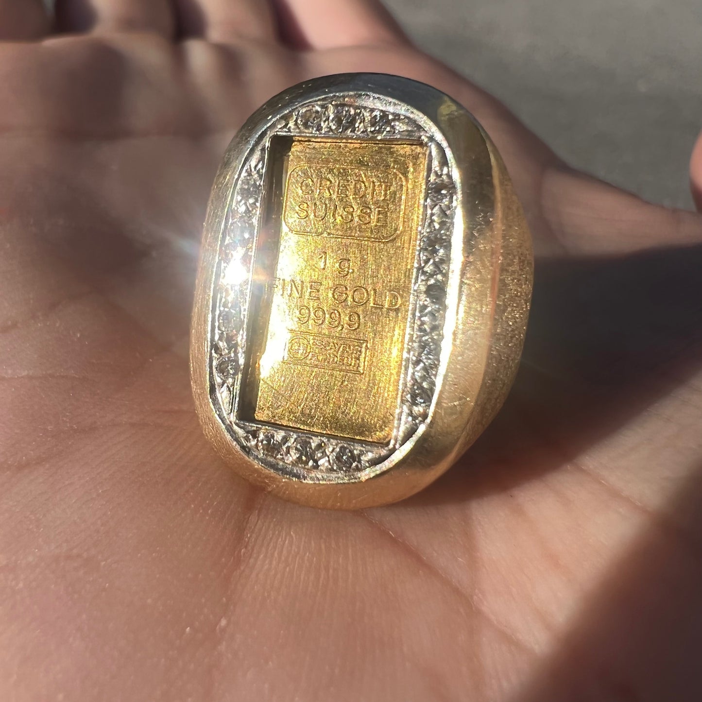 Vintage 24 Karat Gold Credit Suisse Bar and 14 Karat Yellow Gold Diamond Signet Ring