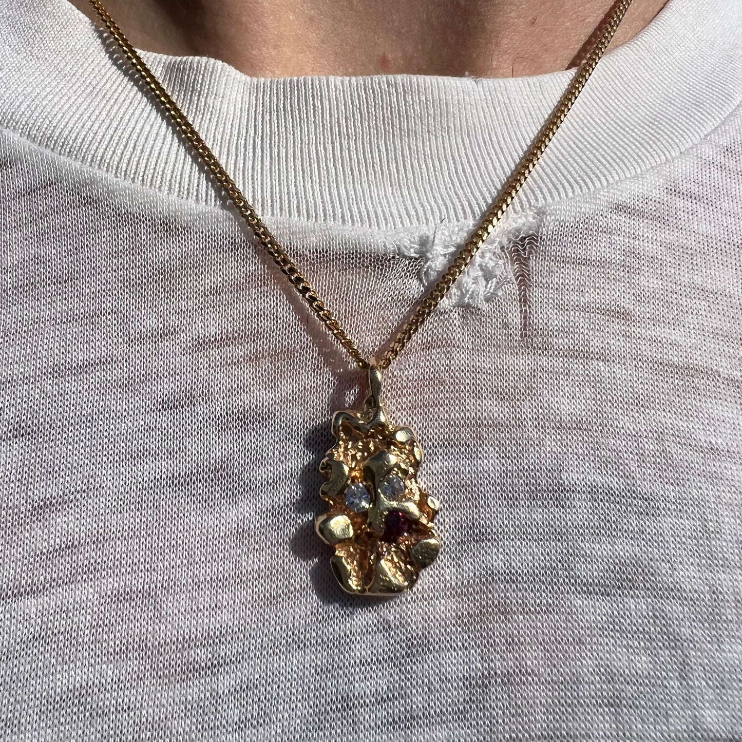 1980’s Solid 14k Diamond/Ruby Nugget Pendant