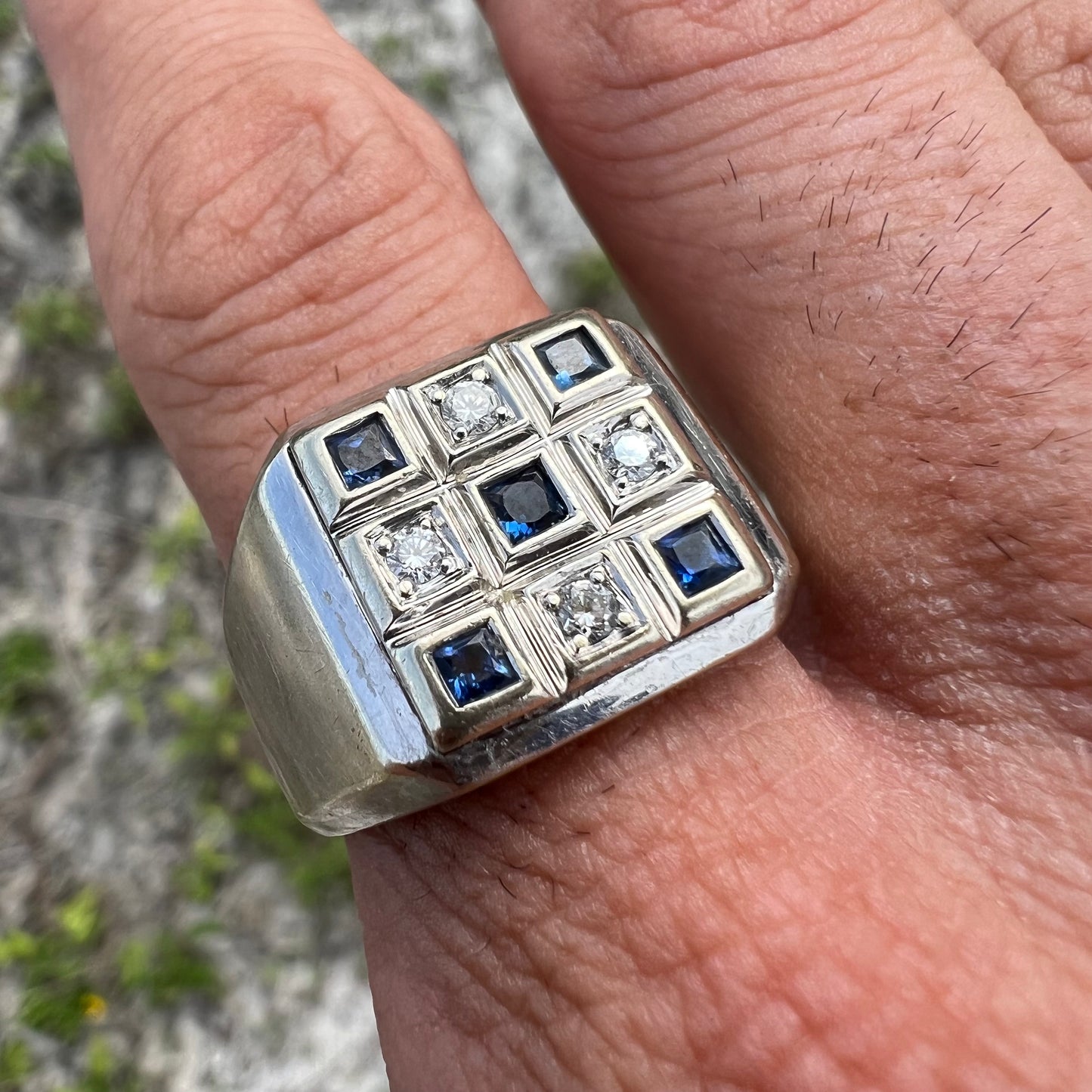 Vintage 14k White Gold .50CTW Natural Diamond And Blue Sapphire Block Ring