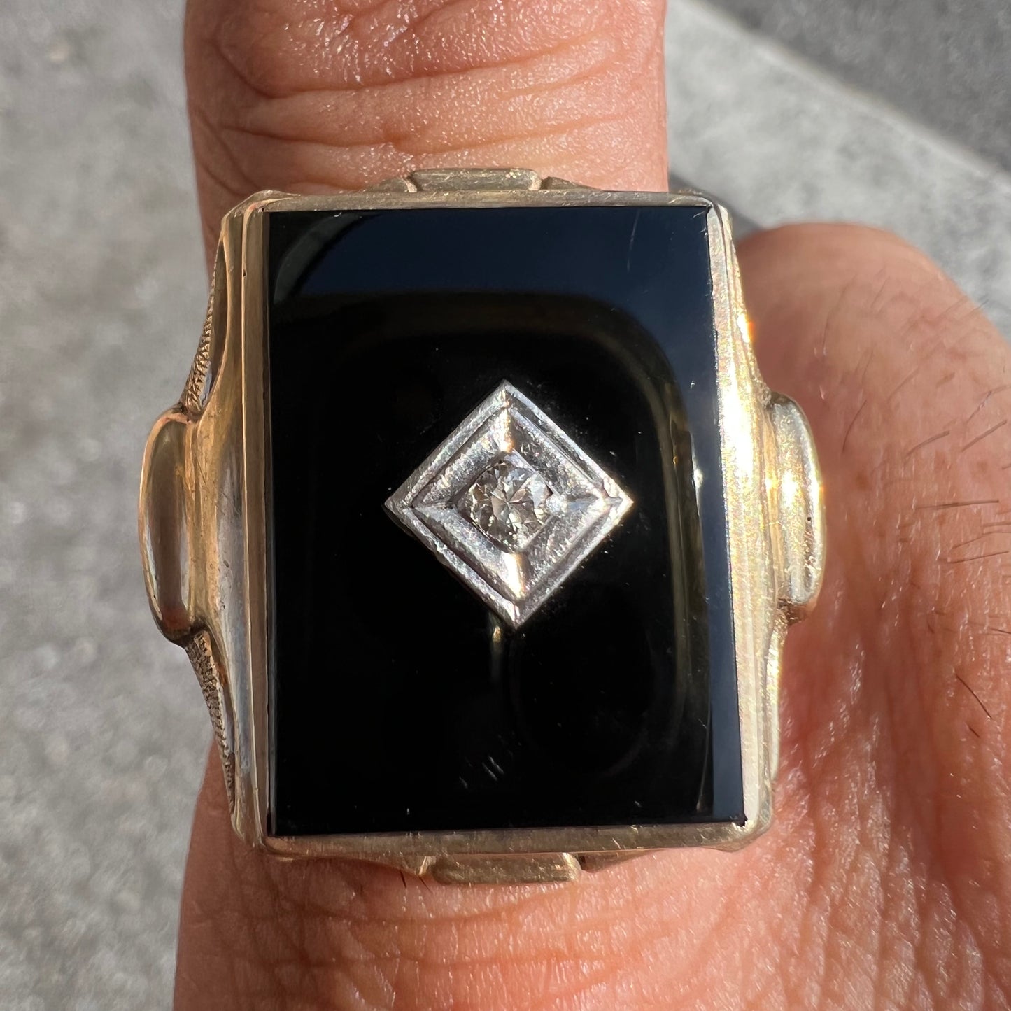 Mid-Century Large 10k Black Onyx/Diamond Masculine Statement Ring
