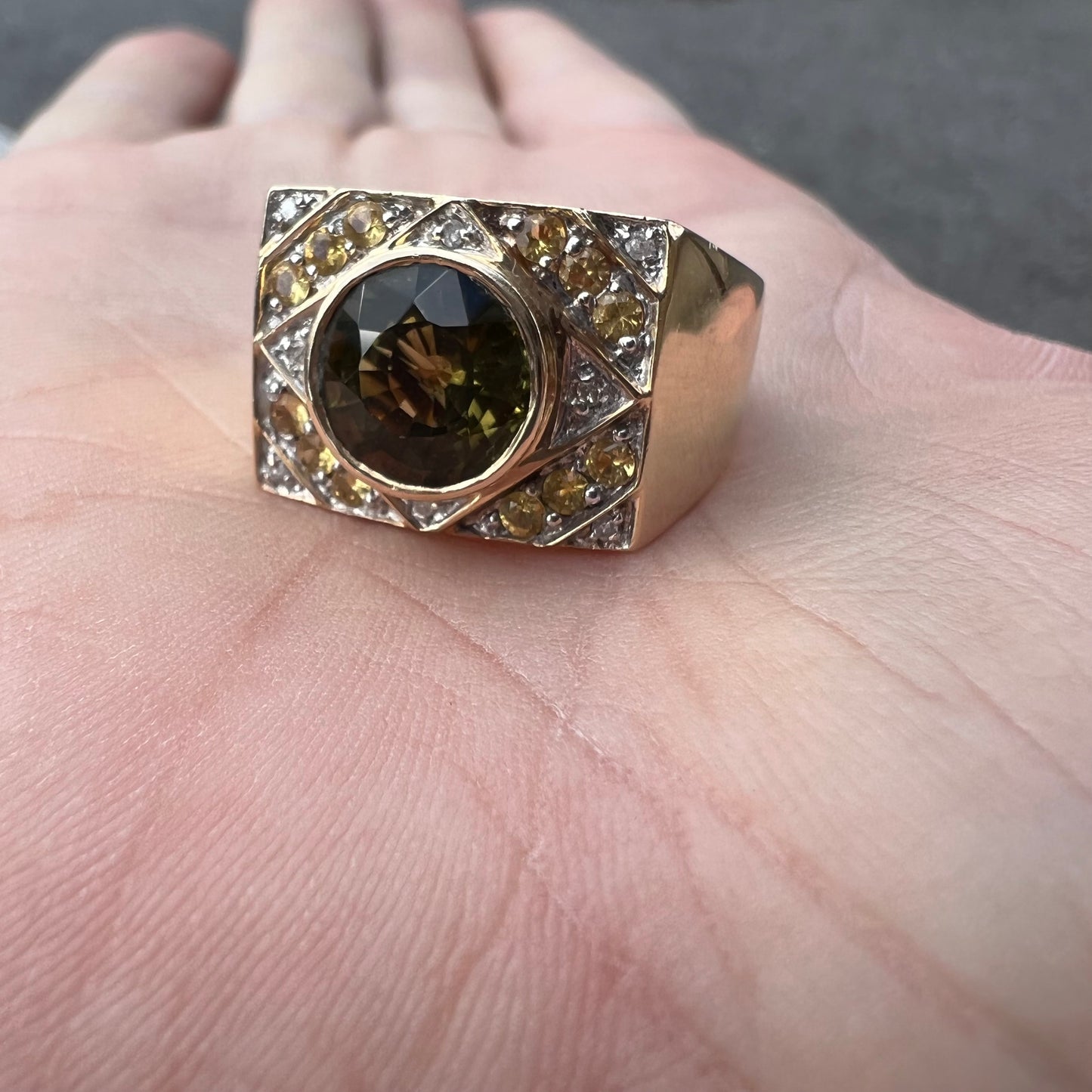 Vintage 14k Greenish Brown Sapphire Natural Diamond Yellow Garnet Ring