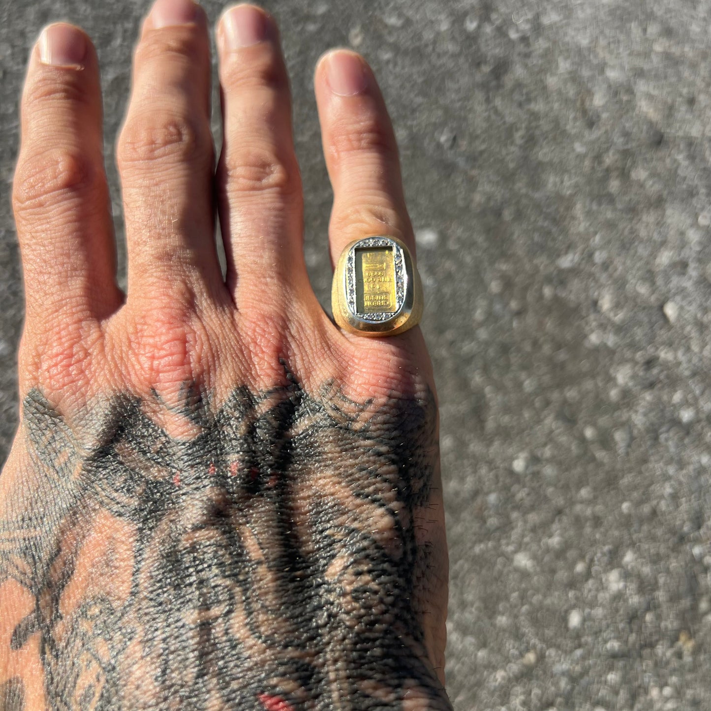 Vintage 24 Karat Gold Credit Suisse Bar and 14 Karat Yellow Gold Diamond Signet Ring