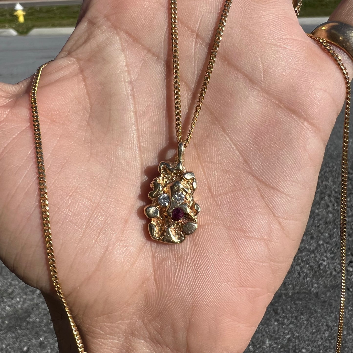 1980’s Solid 14k Diamond/Ruby Nugget Pendant