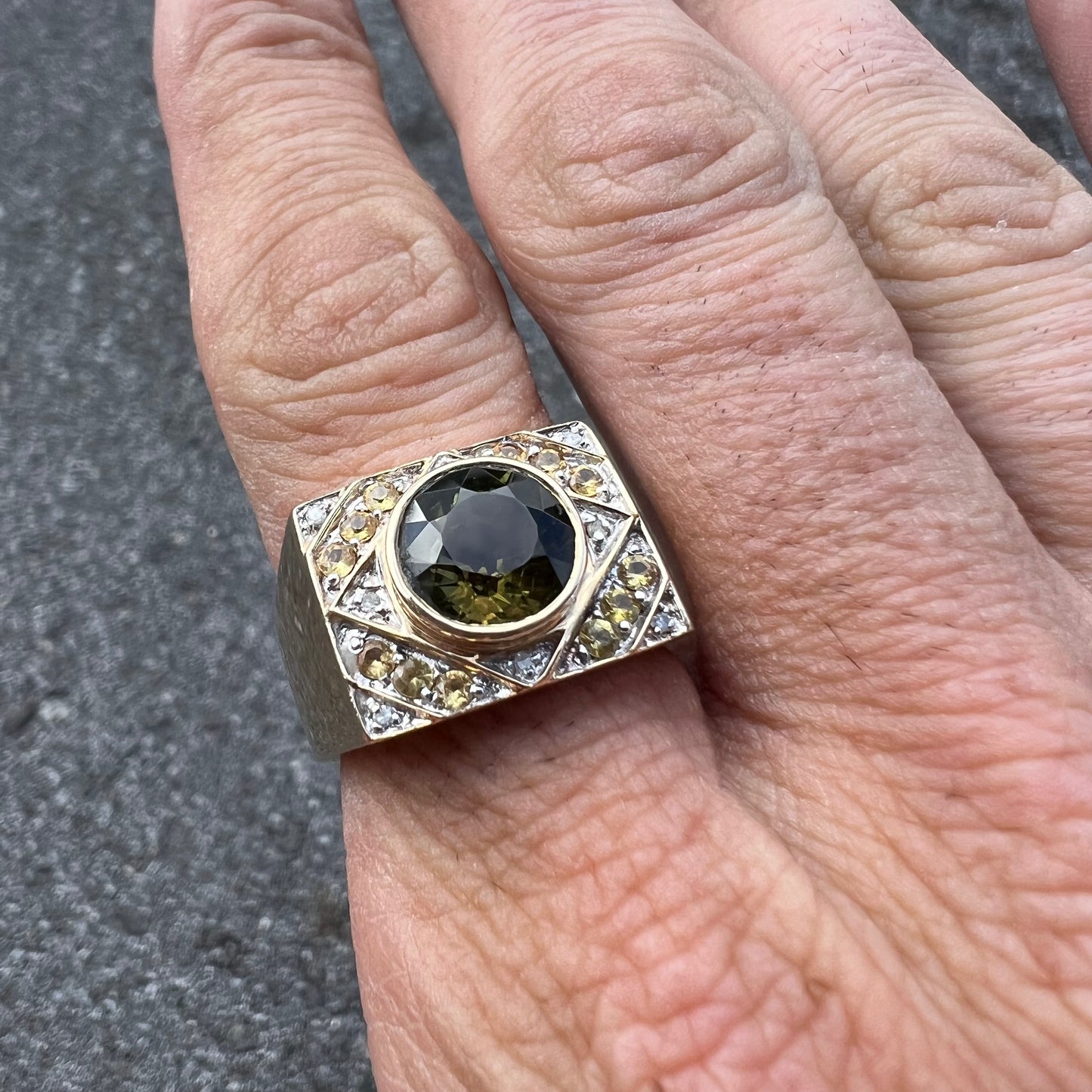 Vintage 14k Greenish Brown Sapphire Natural Diamond Yellow Garnet Ring