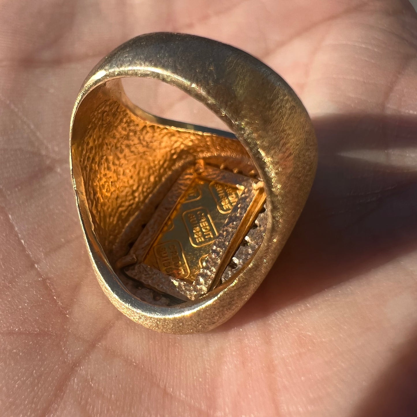 Vintage 24 Karat Gold Credit Suisse Bar and 14 Karat Yellow Gold Diamond Signet Ring